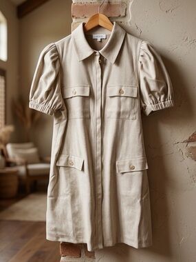 SEDGE Cream Short-Sleeve Midi Shirt Dress. Fully Lined. Superb quality.